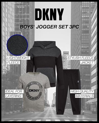 DKNY Toddler Boys' Jogger Set - 3 Piece Short Sleeve Graphic T-Shirt, Pullover Hoodie, and Jogger Sweat Pants (Sizes: 4-7) in Saudi Arabia
