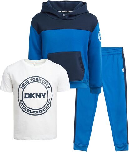 DKNY Toddler Boys' Jogger Set - 3 Piece Short Sleeve Graphic T-Shirt, Pullover Hoodie, and Jogger Sweat Pants (Sizes: 4-7) in Saudi Arabia