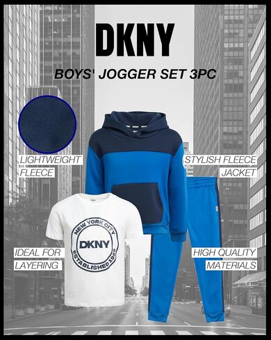 DKNY Toddler Boys' Jogger Set - 3 Piece Short Sleeve Graphic T-Shirt, Pullover Hoodie, and Jogger Sweat Pants (Sizes: 4-7) in Saudi Arabia