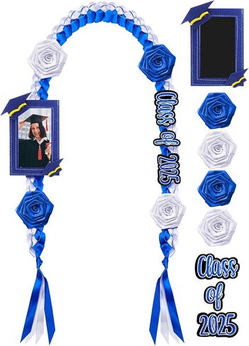 Zeyune Graduation Lei Necklace Class of 2025 Double Braided Necklace & Photo Frame Flower Ribbon Grad Money Lei for Him Her(Blue and White) in Saudi Arabia