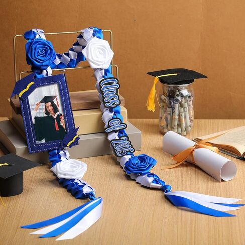 Zeyune Graduation Lei Necklace Class of 2025 Double Braided Necklace & Photo Frame Flower Ribbon Grad Money Lei for Him Her(Blue and White) in Saudi Arabia