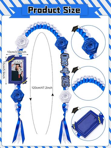 Zeyune Graduation Lei Necklace Class of 2025 Double Braided Necklace & Photo Frame Flower Ribbon Grad Money Lei for Him Her(Blue and White) in Saudi Arabia