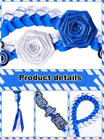 Zeyune Graduation Lei Necklace Class of 2025 Double Braided Necklace & Photo Frame Flower Ribbon Grad Money Lei for Him Her(Blue and White) in Saudi Arabia
