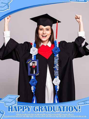 Zeyune Graduation Lei Necklace Class of 2025 Double Braided Necklace & Photo Frame Flower Ribbon Grad Money Lei for Him Her(Blue and White) in Saudi Arabia
