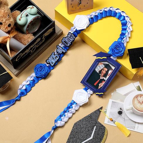 Zeyune Graduation Lei Necklace Class of 2025 Double Braided Necklace & Photo Frame Flower Ribbon Grad Money Lei for Him Her(Blue and White) in Saudi Arabia