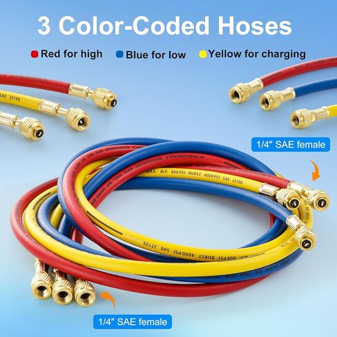 5FT R410A Charging Hose, AC Manifold Hose Kit, 22985 Plus II Manifold Set with Compact Ball Valve 1/4 SAE, 4 Layer Vacuum Refrigerant Hose 800 PSI Working Pressure (60'' with Ball Vavle) in Kuwait