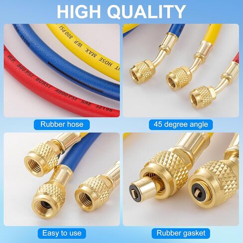 5FT R410A Charging Hose, AC Manifold Hose Kit, 22985 Plus II Manifold Set with Compact Ball Valve 1/4 SAE, 4 Layer Vacuum Refrigerant Hose 800 PSI Working Pressure (60'' with Ball Vavle) in Kuwait