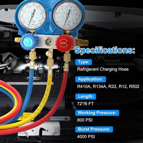 5FT R410A Charging Hose, AC Manifold Hose Kit, 22985 Plus II Manifold Set with Compact Ball Valve 1/4 SAE, 4 Layer Vacuum Refrigerant Hose 800 PSI Working Pressure (60'' with Ball Vavle) in Kuwait