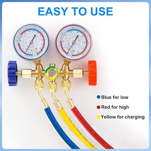 5FT R410A Charging Hose, AC Manifold Hose Kit, 22985 Plus II Manifold Set with Compact Ball Valve 1/4 SAE, 4 Layer Vacuum Refrigerant Hose 800 PSI Working Pressure (60'' with Ball Vavle) in Kuwait