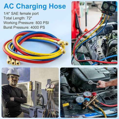 5FT R410A Charging Hose, AC Manifold Hose Kit, 22985 Plus II Manifold Set with Compact Ball Valve 1/4 SAE, 4 Layer Vacuum Refrigerant Hose 800 PSI Working Pressure (60'' with Ball Vavle) in Kuwait