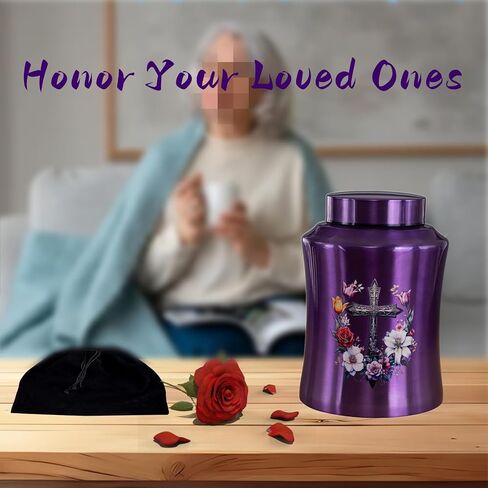 الجرار الصليب الأرجواني للرماد للنساء يصل إلى 140 رطلاً ، جرات جثث شخصية كبيرة للرماد البشري البالغين من الذكور والإناث ، جرة التذكار للجنازة ، حب الله بعناية يدويًا in Kuwait