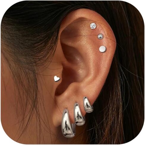 FIASASO Chunky Gold Hoops Earrings for Women Hypoallergenic - 7 Pairs Surgical Stainless Steel Flat Back Stud Hoop Gold Earring Stack Small Cartilage Earrings Sets for Multiple Piercing in Saudi Arabia