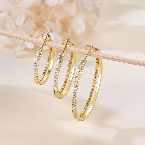 14K Gold Earrings for Women Gold Hoop Earrings for Women with Cubic Zirconia Layered Dual-Hoop Elegance Thin Hoop Earring 25/30/40mm in Kuwait