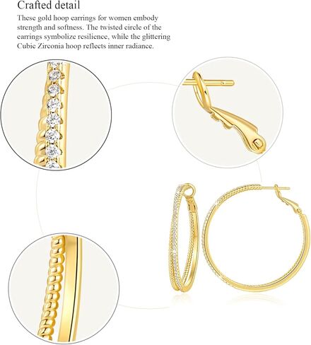 14K Gold Earrings for Women Gold Hoop Earrings for Women with Cubic Zirconia Layered Dual-Hoop Elegance Thin Hoop Earring 25/30/40mm in Kuwait