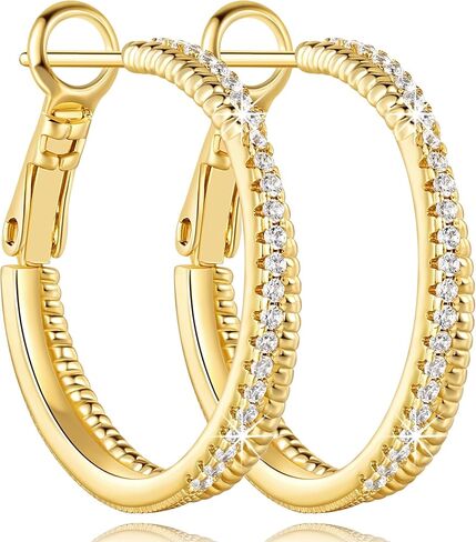 14K Gold Earrings for Women Gold Hoop Earrings for Women with Cubic Zirconia Layered Dual-Hoop Elegance Thin Hoop Earring 25/30/40mm in Kuwait