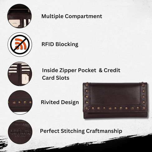 Vintage Italian Leather Boho Studded Trifold Wallet – Zipper Coin Purse & Credit Card Holder for Women (Brown) in Saudi Arabia