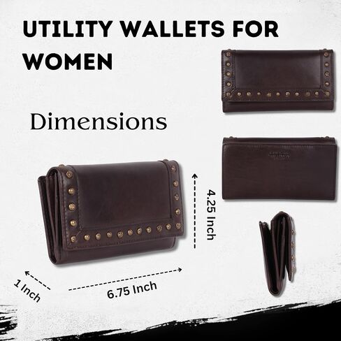 Vintage Italian Leather Boho Studded Trifold Wallet – Zipper Coin Purse & Credit Card Holder for Women (Brown) in Saudi Arabia