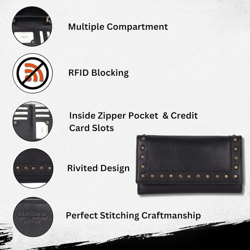 Vintage Italian Leather Boho Studded Trifold Wallet – Zipper Coin Purse & Credit Card Holder for Women (Brown) in Saudi Arabia