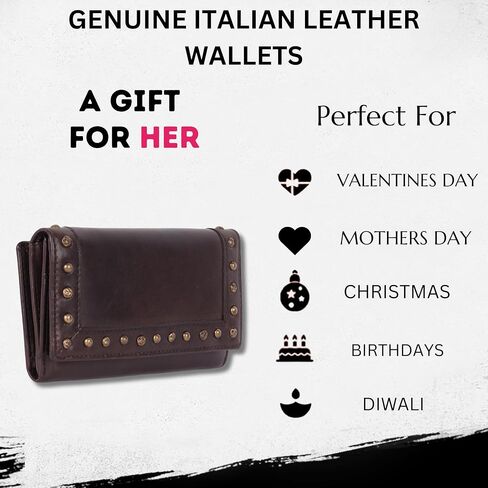 Vintage Italian Leather Boho Studded Trifold Wallet – Zipper Coin Purse & Credit Card Holder for Women (Brown) in Saudi Arabia