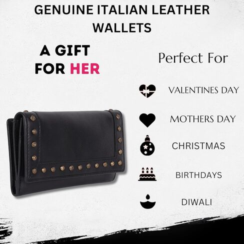 Vintage Italian Leather Boho Studded Trifold Wallet – Zipper Coin Purse & Credit Card Holder for Women (Brown) in Saudi Arabia