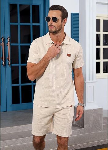 Mens Summer Sweatsuit With Pocket - Short Sleeve Polo Shirt & Shorts Set Casual 2 Pieces Shorts Outfits in Saudi Arabia