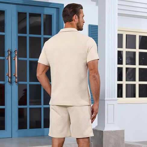 Mens Summer Sweatsuit With Pocket - Short Sleeve Polo Shirt & Shorts Set Casual 2 Pieces Shorts Outfits in Saudi Arabia