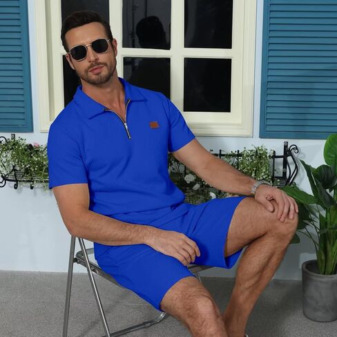 Mens Summer Sweatsuit With Pocket - Short Sleeve Polo Shirt & Shorts Set Casual 2 Pieces Shorts Outfits in Saudi Arabia