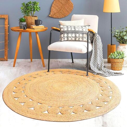 Jute Braided Area Rug, 3-feet Round, Stain Resistance, Natural Handmade Circle Boho Area Rug for Entryways, Living Room, Bedroom, Farmhouse Vintage Decor, Reversible Jute Rug in Saudi Arabia