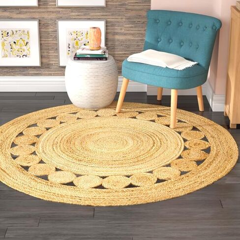 Jute Braided Area Rug, 3-feet Round, Stain Resistance, Natural Handmade Circle Boho Area Rug for Entryways, Living Room, Bedroom, Farmhouse Vintage Decor, Reversible Jute Rug in Saudi Arabia