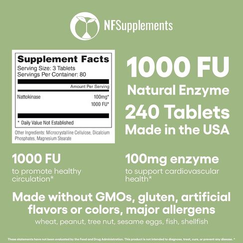 Nattokinase Supplement 240 Tablets Natural Enzymes 1000FU 100mg Gluten Free Non-GMO Vegan Made in The USA (240, Nattokinase) in Saudi Arabia