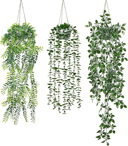 Dremisland 4 Pack Artificial Hanging Plants with Pots Artificial Ivy Vine Eucalyptus Fake Hanging Plants, Boston Fern, String of Pearls for Home Indoor Outdoor Shelf Wall Farmhouse Decor in Kuwait