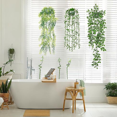 Dremisland 4 Pack Artificial Hanging Plants with Pots Artificial Ivy Vine Eucalyptus Fake Hanging Plants, Boston Fern, String of Pearls for Home Indoor Outdoor Shelf Wall Farmhouse Decor in Kuwait