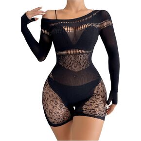 SHENHE Women's Mesh Hollow Out Backless Sleeveless Halter Babydoll Lingerie Dress Fishnet Romper