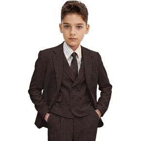 Boys Suit 3 Piece Herringbone Tweed Suits for Kids Slim Fit Formal Wedding Party Tuxedo Jacket Vest Pants Set