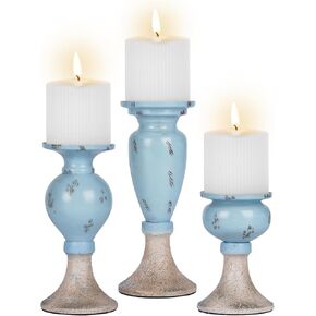 Sziqiqi Farmhouse Coastal Candle Holder: Pillar Candle Holders for Living Room Bathroom - Beach Candle Stand for Table Centerpieces Rustic Candleholder Set of 3 Ocean Decor for Fireplace