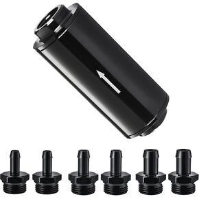EVIL ENERGY Inline Fuel Filter 10 Micron with Barb 1/2", 3/8", 5/16" Fitting Adapter 50MM Universal Aluminum Black, for Gasoline, Diesel, E85, Rubber Fuel Line
