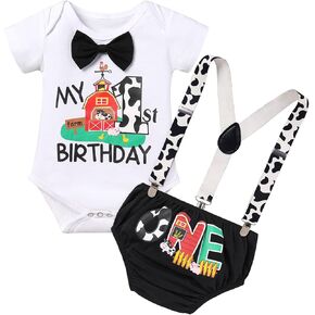 IMEKIS Baby Boys Farm Animals 1st Birthday Outfit Cake Smash Romper with Suspenders Shorts Photo Shoot