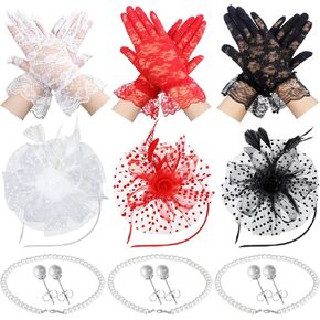 12 Pcs Fascinators Hat Set for Women Tea Party Accessories Tea Party Headband Lace Gloves Pearl Jewelry Set Cocktail Wedding