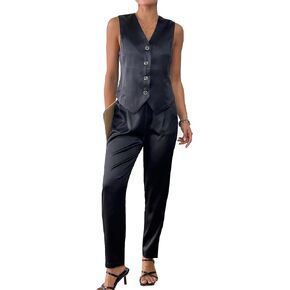 Women's 2 Piece Outfits Satin Suit Vest Waistcoat Dressy Business Casual Work Sets Tapered Pants Suits