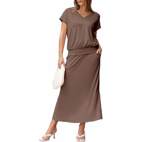 EVALESS Women's 2 Piece Sets Skirt Outfits Casual Short Sleeve Knit Tops Matching A-Line Midi Skirts Dresses Lounge Set