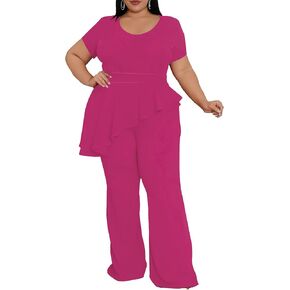 CXXQ Women's Plus Size Pant Suits 2 Piece Outfits Short Sleeve Peplum Top Pockets Wide Pants Sets Business Pantsuits