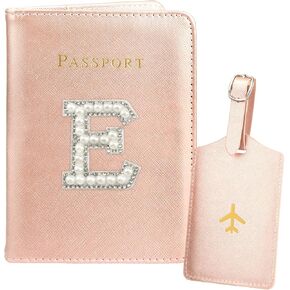 Initial Passport Holder and Luggage Tag Set Pink Leather Passport Holder Personalized Passport Cover for Travel Women Passport Book with Monogram Letter Travel Gifts Essentials for Women Travelers J