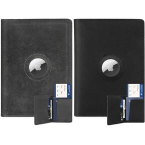 2 Pack Airtag جواز سفر للحامل للرجال والنساء السفر ، محفظة جواز سفر من الجلد الحقيقي ، قضية تغطية جواز سفر مصنوعة يدويًا مع فتحة Airtag ، هدايا السفر ، الرمادي والأسود