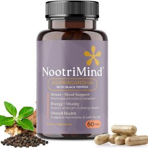Organic Ashwagandha Supplement with Black Pepper for Enhanced Absorption | Pure Root Powder Extract for Stress Relief, Focus, Mood & Energy Boost | Vegan, Non-GMO, 60 Capsules