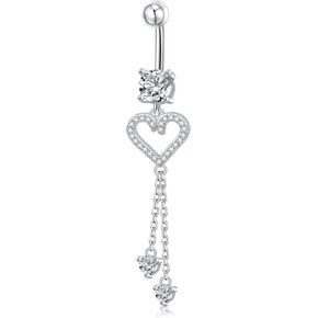 Heart Belly Rings, Dangle Belly Button Ring, 925 Sterling Silver Belly Piercing Jewlery, Clear CZ Navel Piercing Jewelry for Women Men