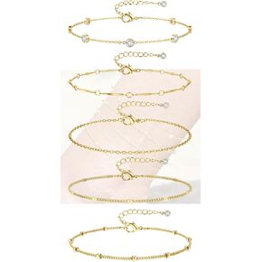 CASSIECA Gold Ankle Bracelets for Women - 14k Gold Plated Anklets Waterproof Stainless Steel Layered Heart Cuban Link Chain Herringbone Anklets for Women Summer Beach Jewelry Gift Adjustable Size 5pc