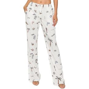 Cali1850 Women's Printed Linen Pants - 30" Inseam Drawstring Elastic Waist Casual Pull On Beach Lounge Trousers with Pockets