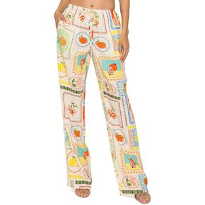 CALI1850 سراويل الكتان المطبوعة للسيدات - 30 "inseam الرباط الخصر المرن السحب غير الرسمي على سراويل صالة الشاطئ مع جيوب in Kuwait