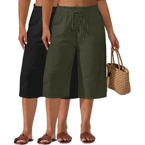 Neer 2 Pack Women's Plus Linen Capris Wide Leg High Pherctring Pants Buants Pants مع جيوب