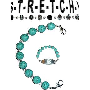 Hidden Hollow Beads Women's Turquoise Beaded Stretchy 6.5 or 5.5 inch long Medical Alert ID Interchangeable Replacement Bracelet, Identification Vital info tag